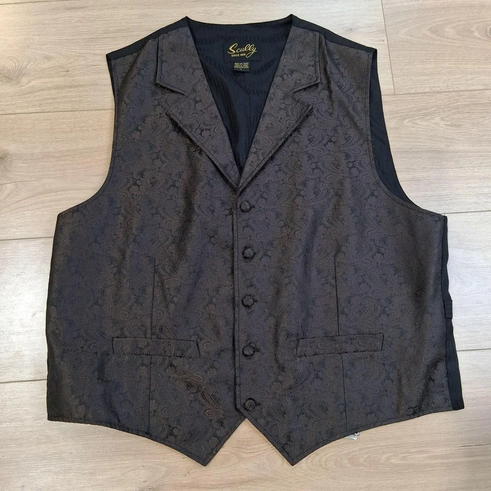 Scully Waistcoat Vest Mens Large Brown Paisley Western Cowboy Belted